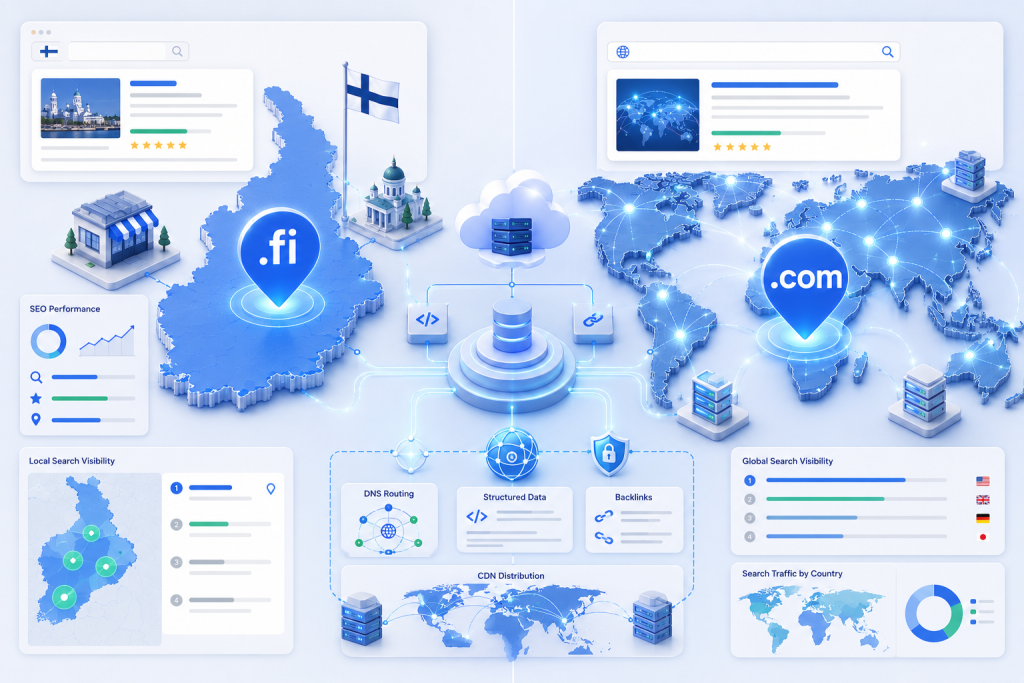 Illustration showing the SEO impact of .fi and .com domains for local Finland searches and international search visibility.