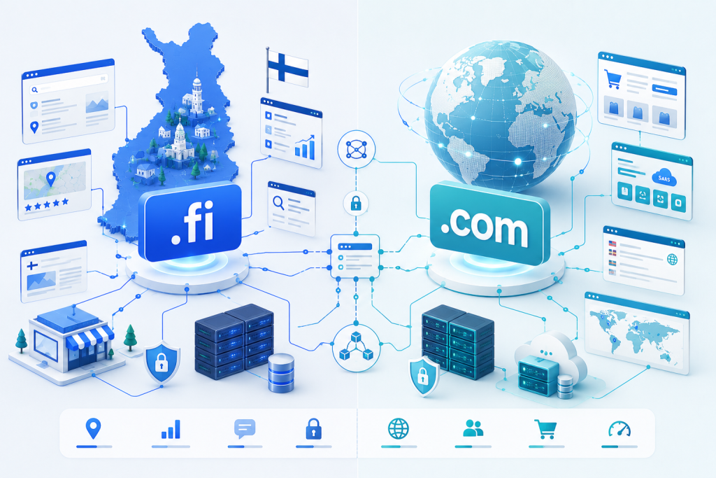 Visual comparison of .fi and .com domains showing local Finland targeting versus global website reach.