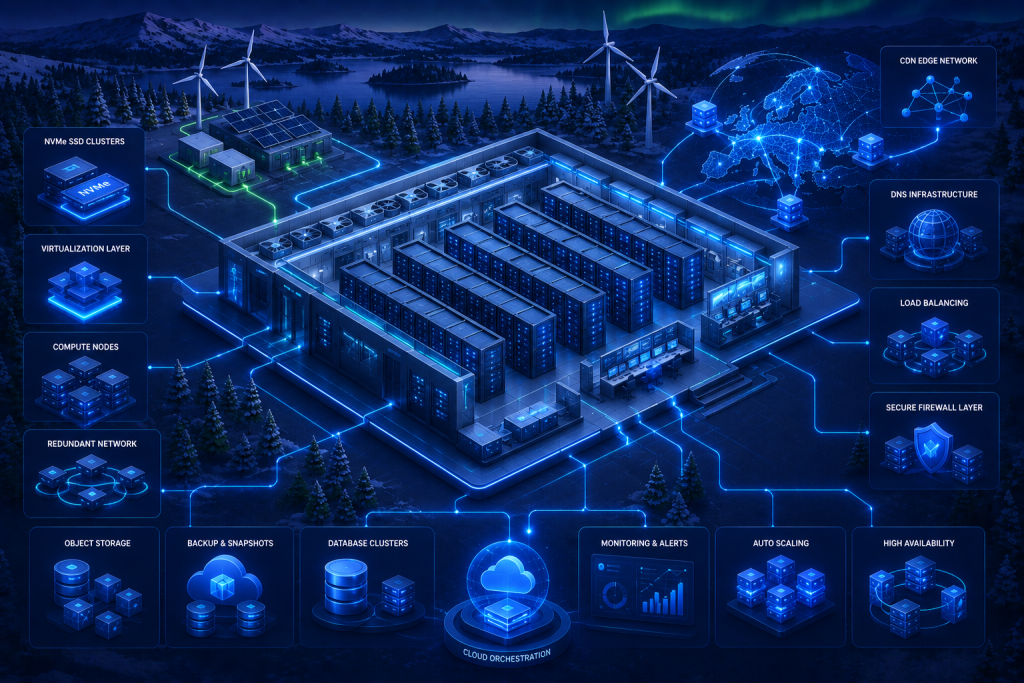 Illustration of a Finland cloud data center featuring energy-efficient cooling, NVMe storage, cloud hosting, and high-availability infrastructure.