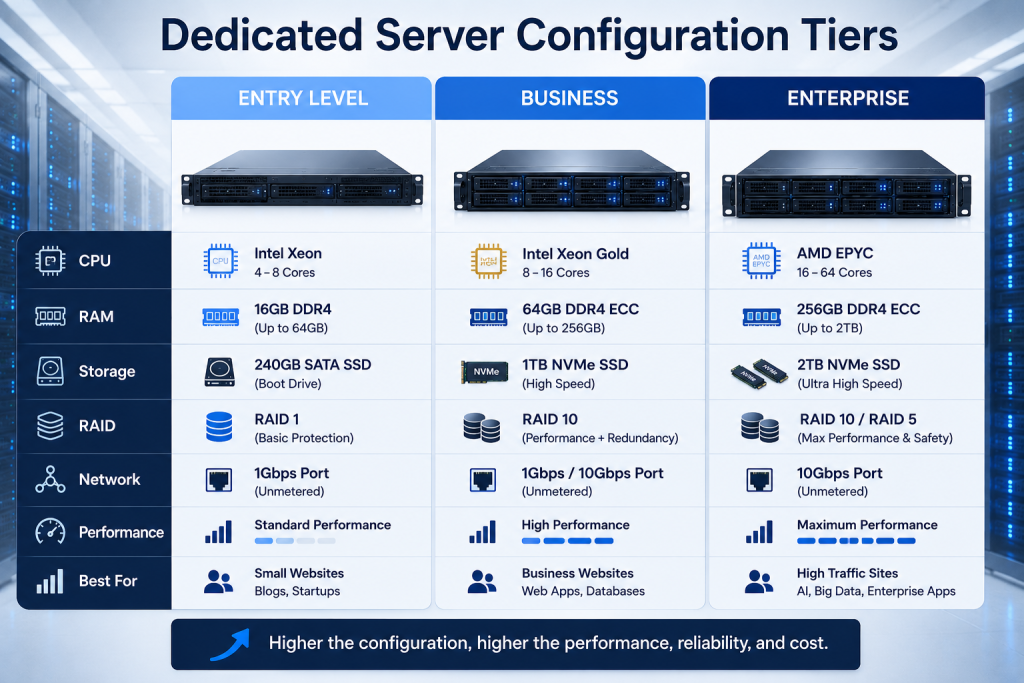 Finland dedicated server configuration comparison showing entry level business and enterprise hardware options