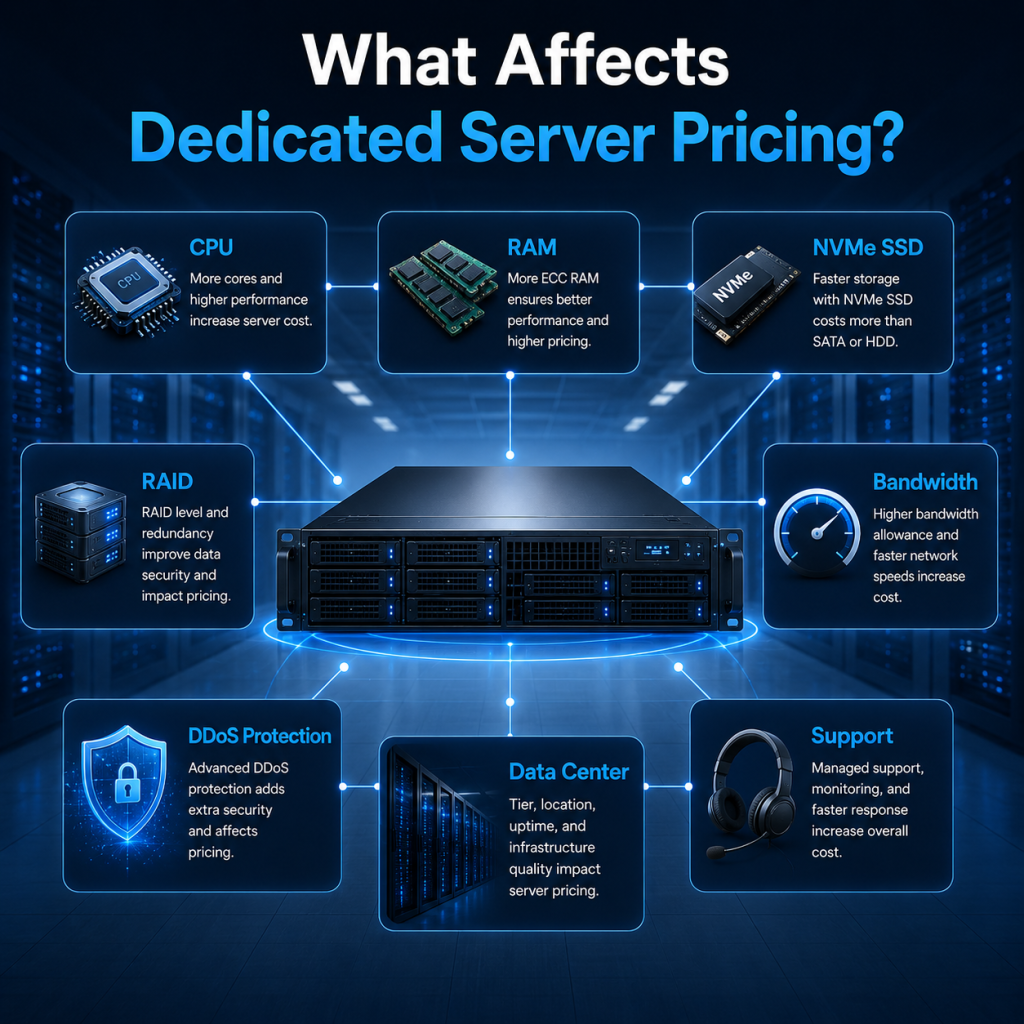 Dedicated server pricing factors including CPU RAM NVMe storage bandwidth RAID support and data center infrastructure
