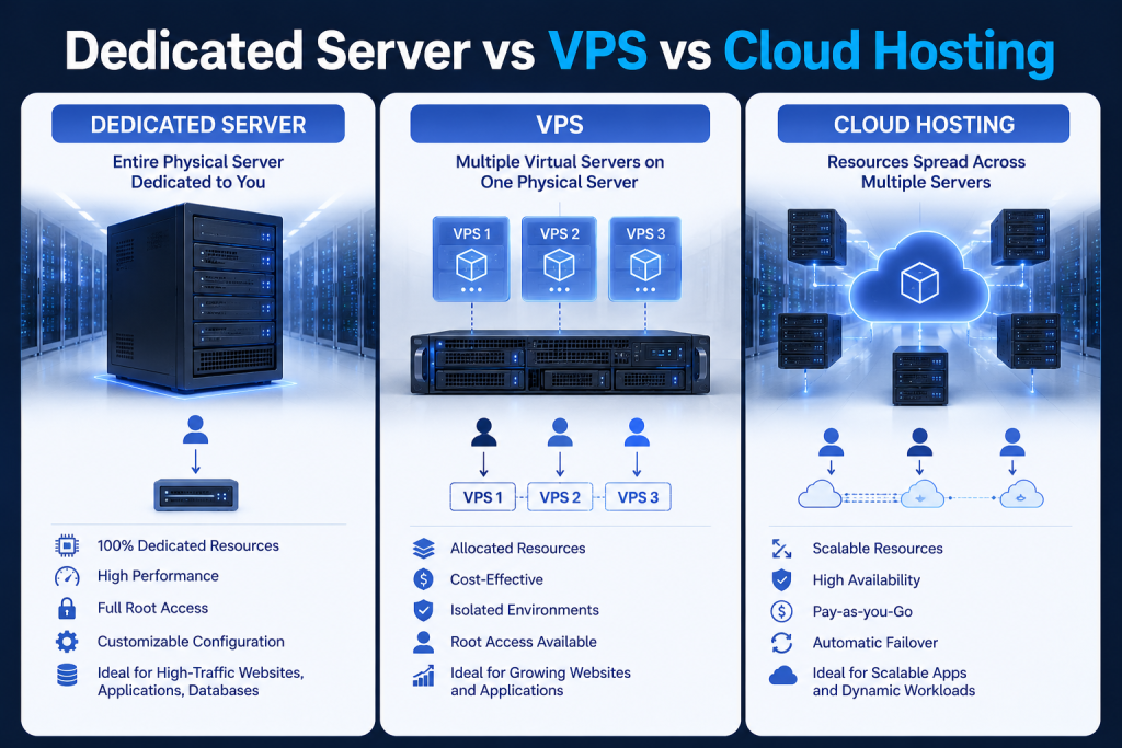 Comparison of Finland dedicated server VPS and cloud hosting showing differences in hardware allocation scalability and performance