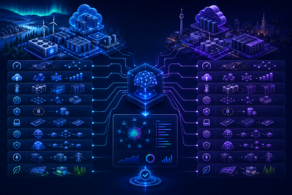 Visual comparison of Finland and Germany hosting infrastructure including latency, scalability, cloud networking, and enterprise performance factors.