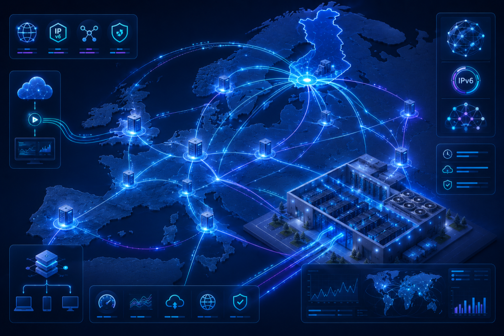Finland connected to European cloud infrastructure through low-latency fiber networks, CDN edge nodes, and enterprise hosting architecture.