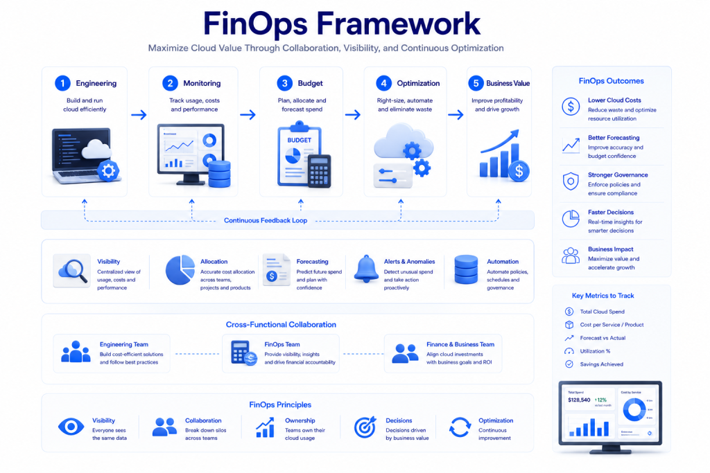 FinOps cloud cost management workflow showing engineering finance budgeting monitoring and optimization