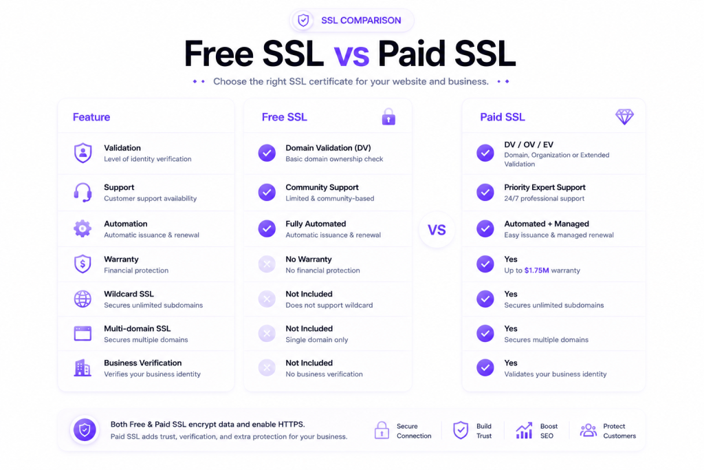 Diagram explaining SSL encryption and validation differences between free and paid certificates