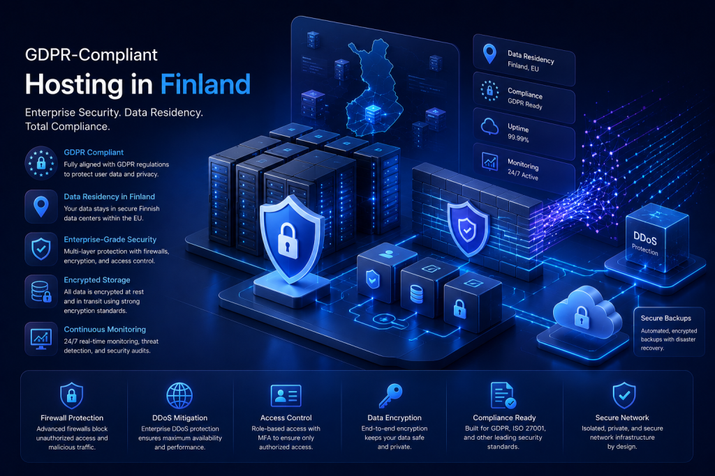 GDPR-compliant Finland hosting environment with encrypted backups, DDoS protection, firewalls, secure access controls, and enterprise cloud security.