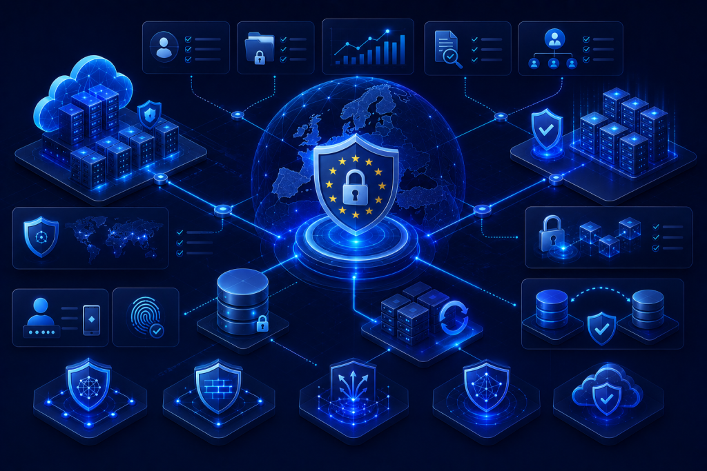GDPR-compliant European hosting architecture with encryption, secure cloud infrastructure, backups, and enterprise security controls.
