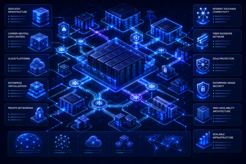 Enterprise hosting infrastructure in Germany showing interconnected data centers, cloud networking, and high-capacity internet exchange architecture.