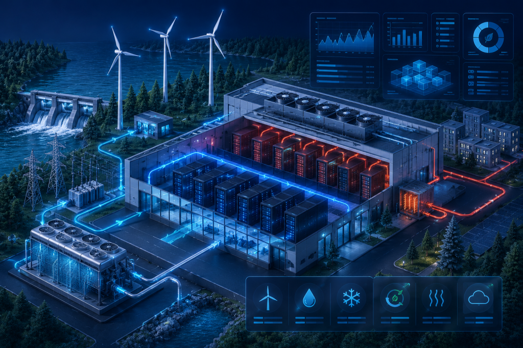 Finland green data center powered by renewable energy with efficient cooling, heat recovery, and sustainable cloud infrastructure.