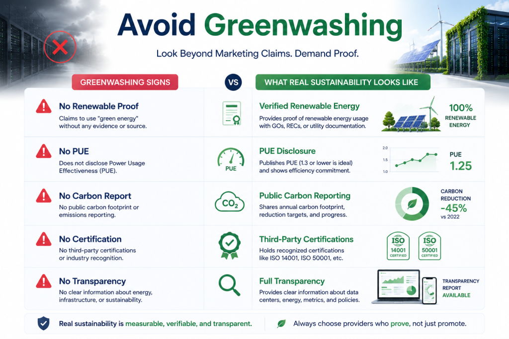 Green web hosting warning signs showing how to identify unsupported sustainability claims and greenwashing