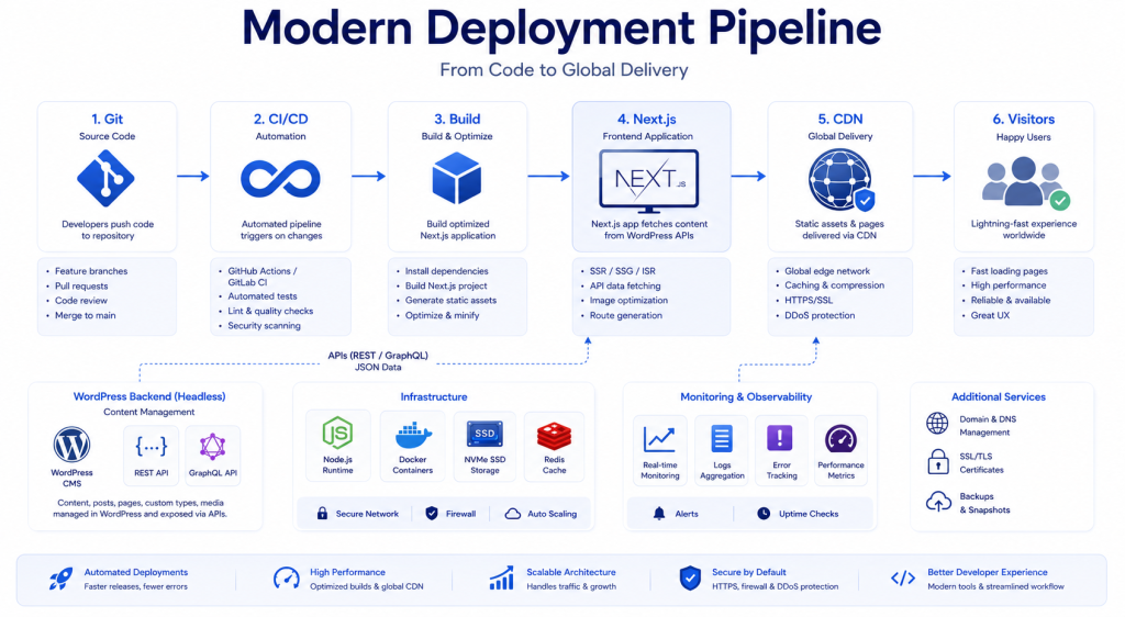 Headless WordPress deployment pipeline using Git CI CD Next.js REST API CDN and cloud hosting