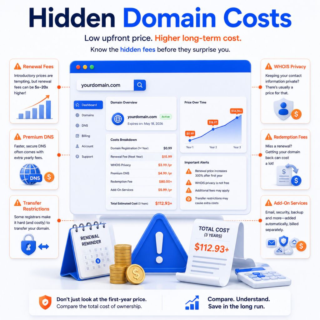 Hidden domain registration fees including renewal costs WHOIS privacy transfer restrictions and redemption charges