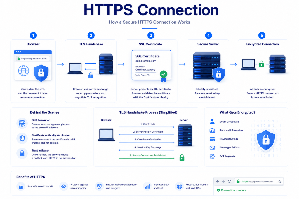 How SSL protects a subdomain using HTTPS TLS handshake certificate validation and encrypted communication