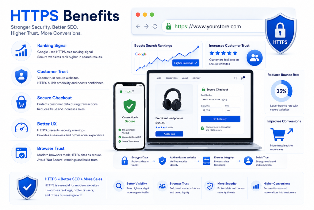 HTTPS benefits for ecommerce websites including SEO customer trust browser security and secure checkout