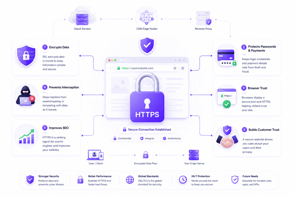 Infographic showing how SSL certificates secure websites with HTTPS encryption, browser trust, and data protection.