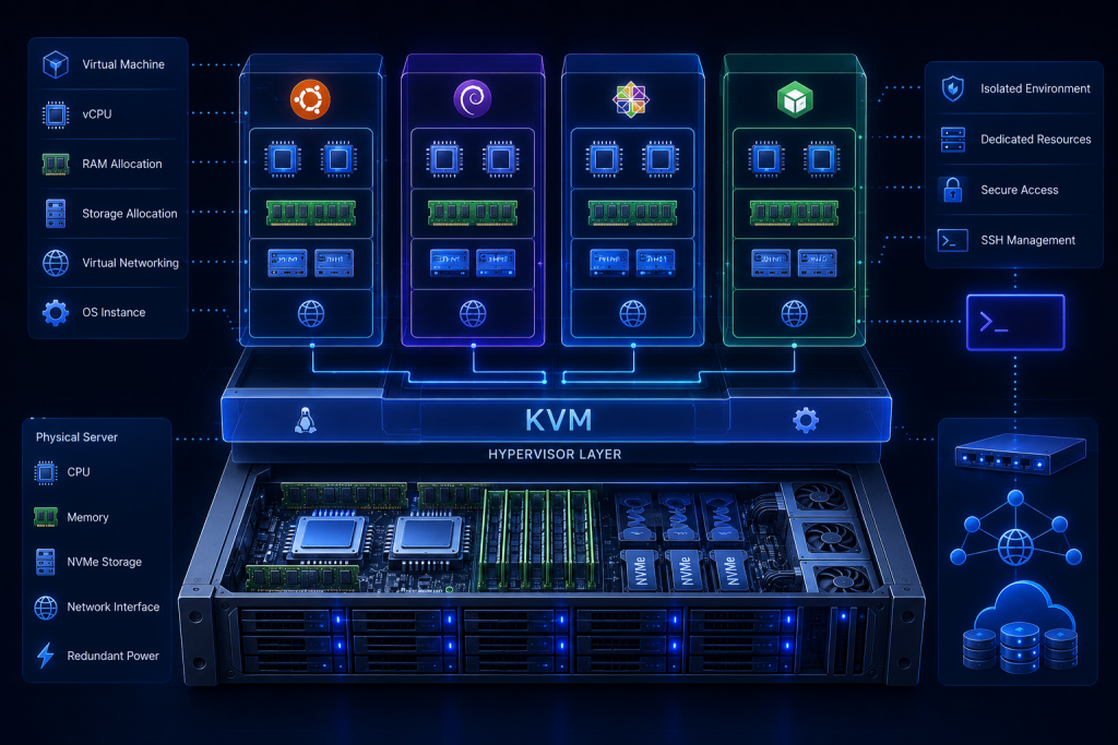 KVM virtualization architecture showing isolated virtual private servers with dedicated resources.