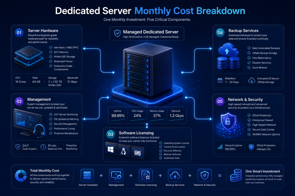 Managed dedicated server monthly pricing breakdown including hardware, management, licensing, backups, security, and network services.