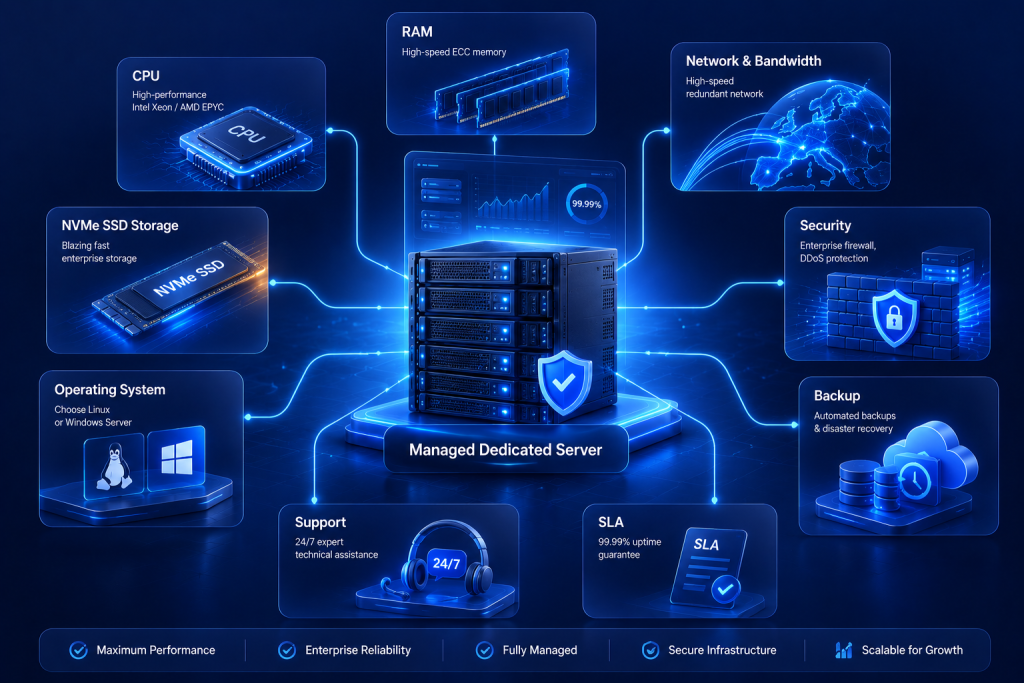 Enterprise managed server pricing factors including CPU, RAM, NVMe SSD, bandwidth, SLA, support, backups, and security.
