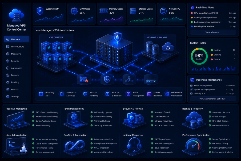 Managed VPS hosting platform with monitoring, automated backups, patch management, and enterprise operations.