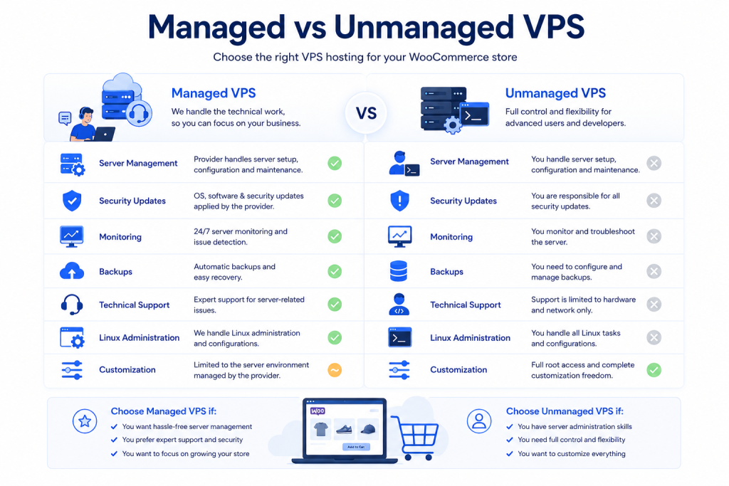 Comparison of managed VPS and unmanaged VPS hosting for WooCommerce websites