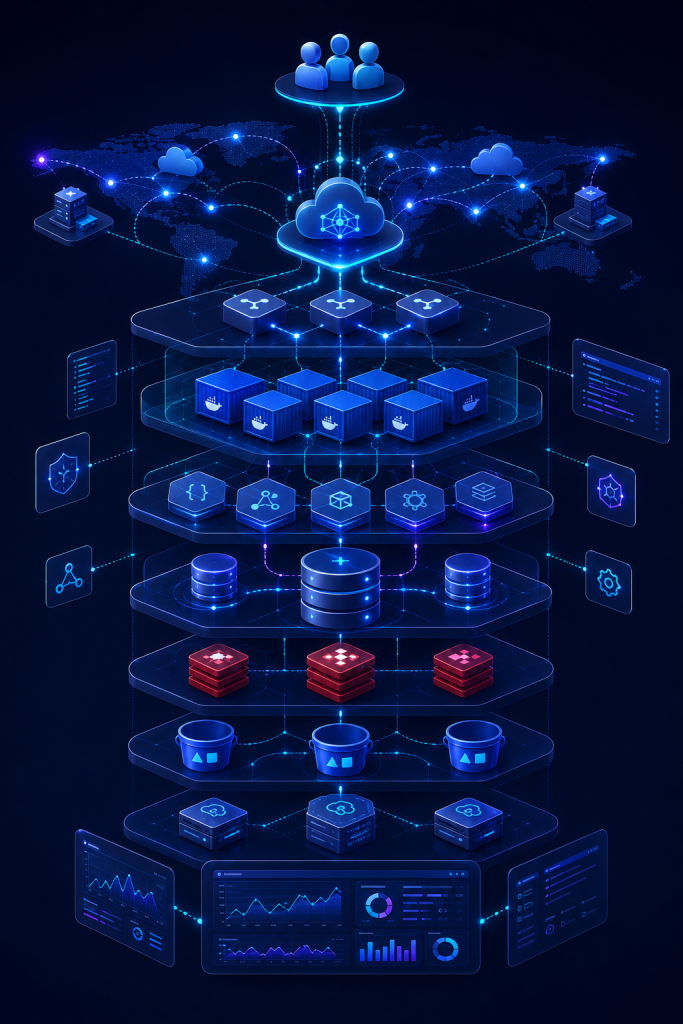 Modern SaaS cloud infrastructure architecture showing Docker containers, PostgreSQL, Redis, object storage, CDN, monitoring, backups, and scalable VPS hosting.