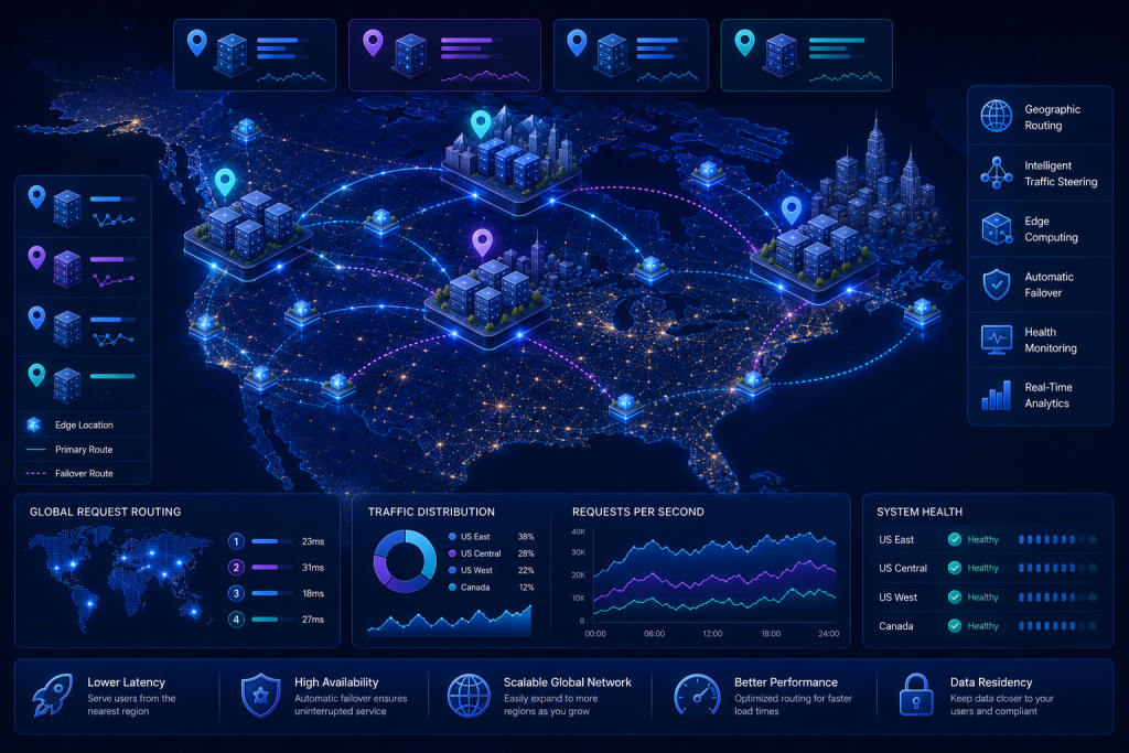 Multi-region cloud deployment across North America with geographic routing and regional failover.
