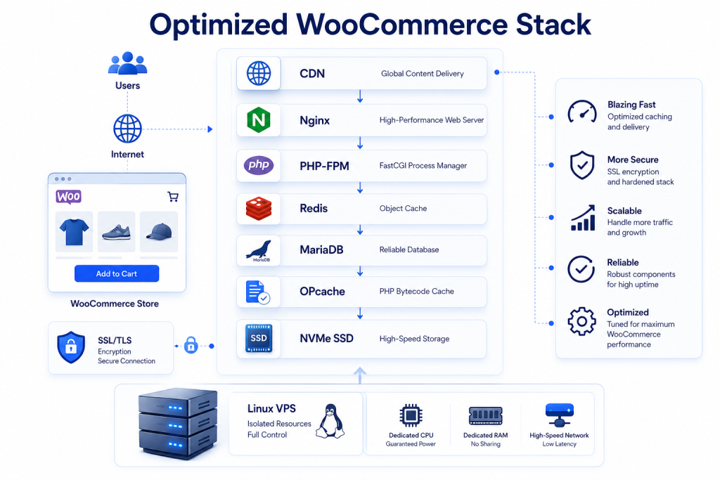 Optimized WooCommerce server stack with CDN Nginx PHP FPM Redis MariaDB OPcache and NVMe SSD storage