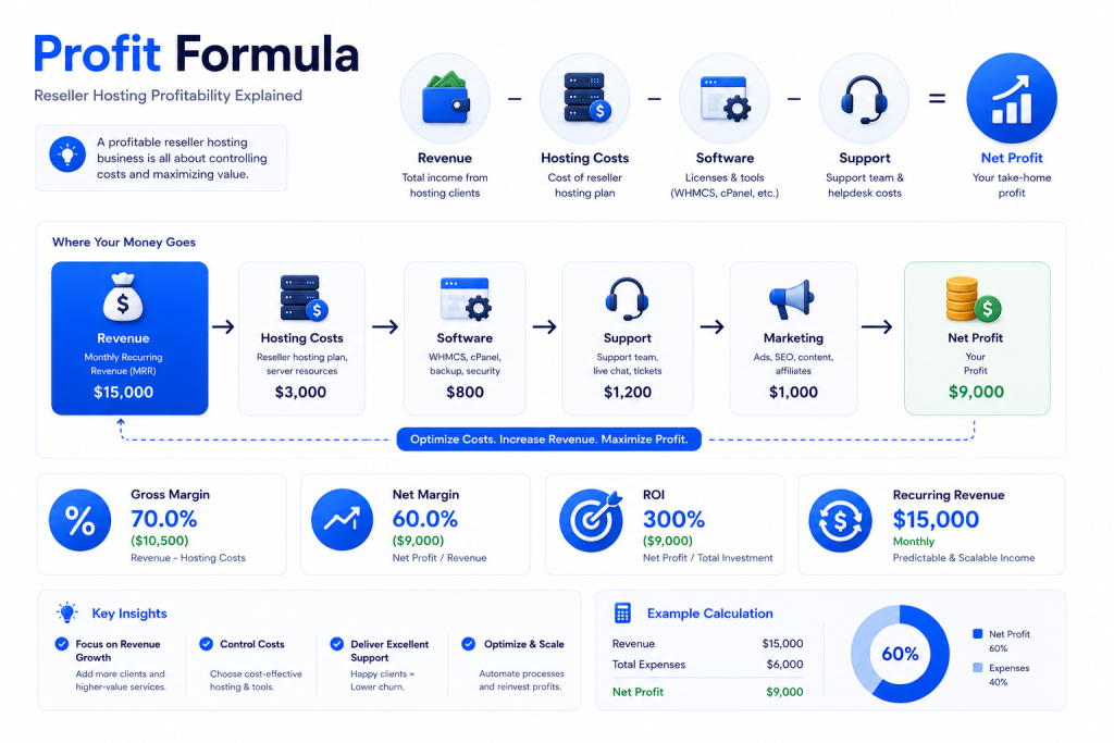 Reseller hosting profit margin formula showing revenue expenses gross margin net profit and ROI