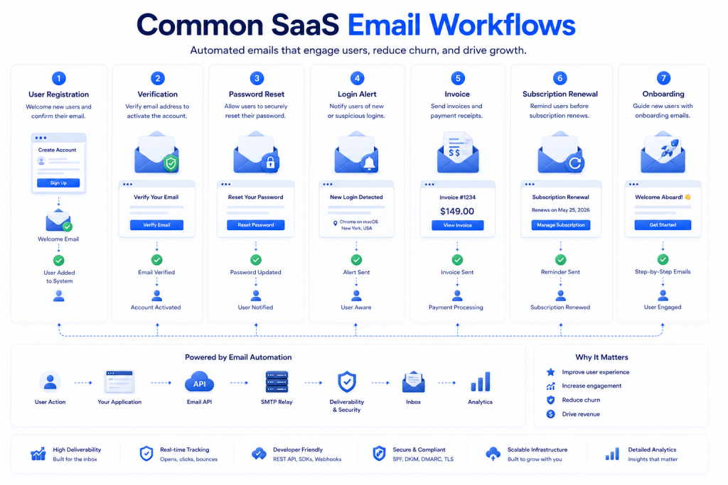 Common SaaS email automation workflows including user registration password reset onboarding invoices and notifications
