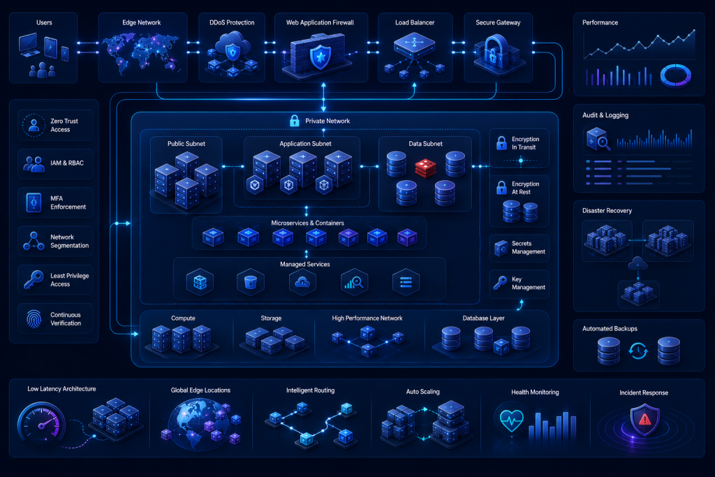 Secure cloud hosting architecture with WAF, IAM, encrypted networking, DDoS protection, and disaster recovery.