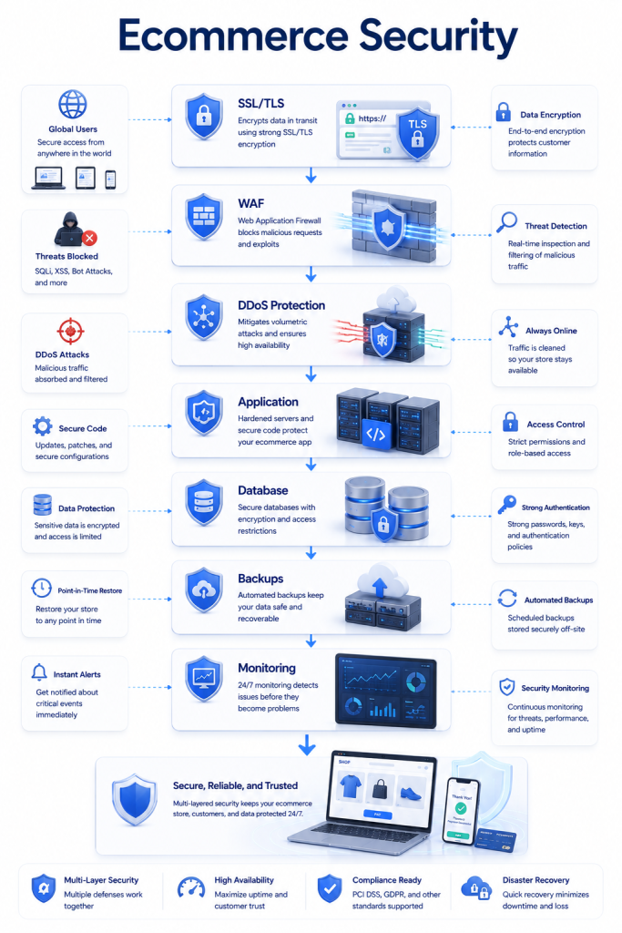 Layered ecommerce cloud hosting security including SSL, WAF, DDoS protection, backups, and monitoring.