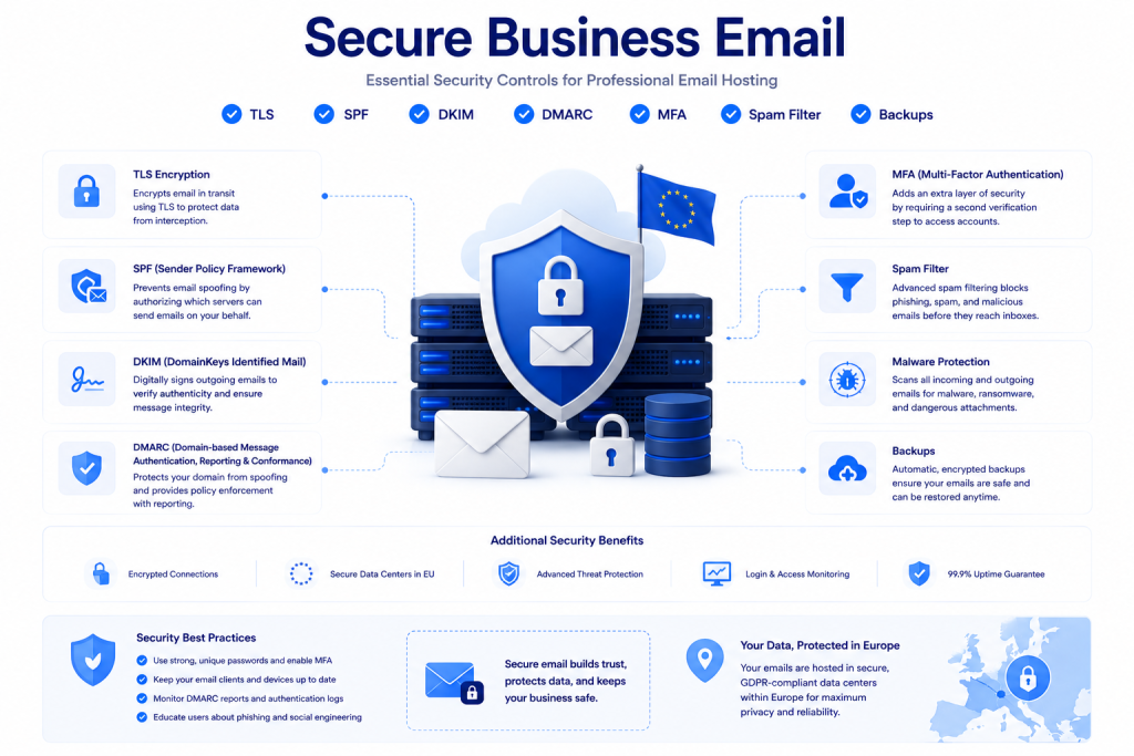 Secure email hosting configuration showing TLS SPF DKIM DMARC MFA spam filtering and mailbox backups