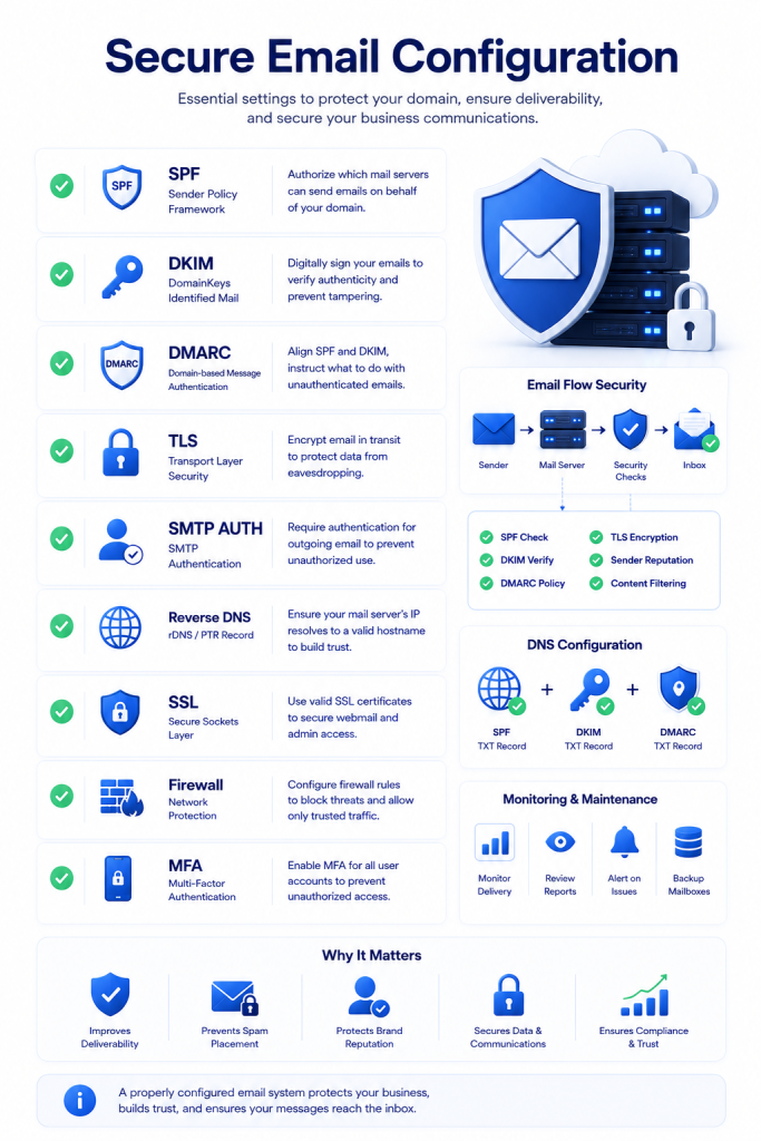 Secure email hosting configuration checklist including SPF DKIM DMARC TLS SMTP authentication firewall and MFA