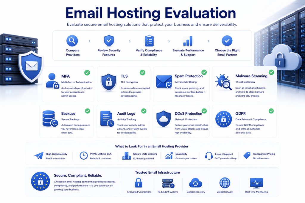 Checklist for evaluating secure email hosting providers including MFA TLS backups DDoS protection and GDPR compliance