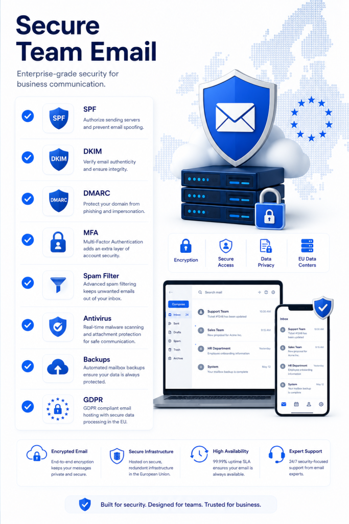 Secure team email hosting with SPF DKIM DMARC MFA spam filtering antivirus backups and GDPR compliance