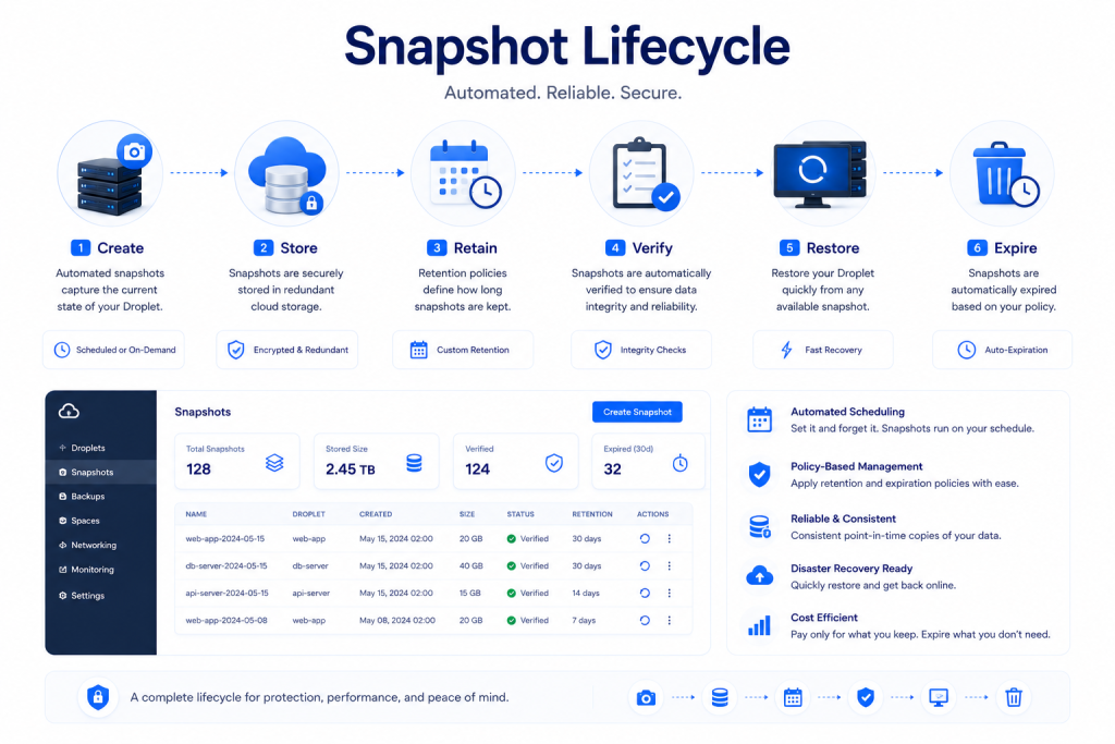 Cloud snapshot lifecycle showing creation storage retention verification restore and expiration management
