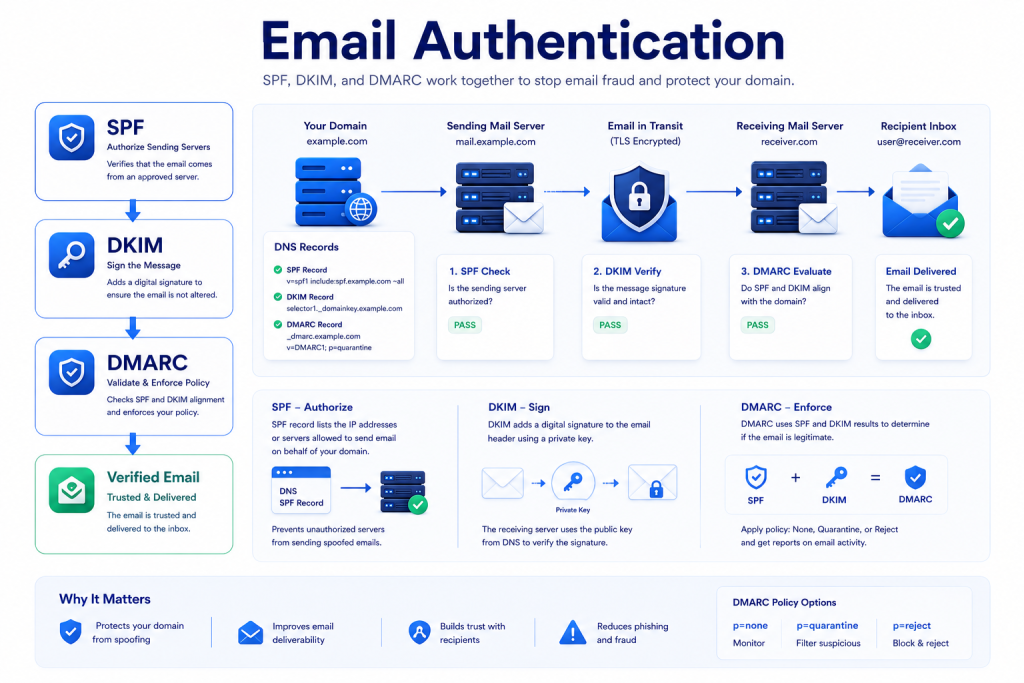 SPF DKIM and DMARC email authentication workflow improving email security and preventing spoofing