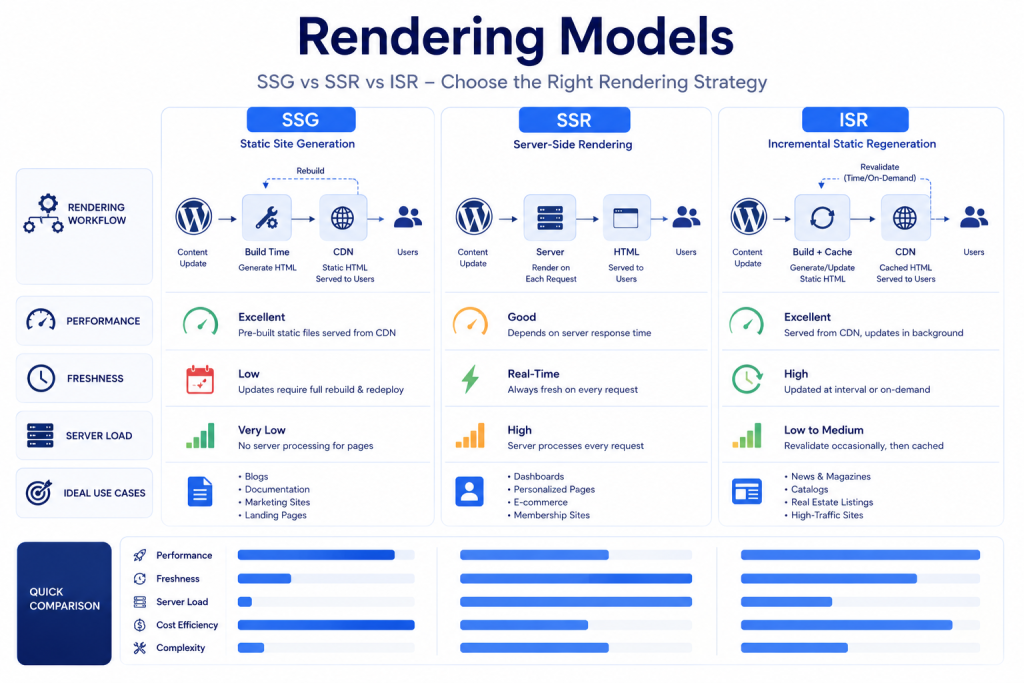 Comparison of SSG SSR and ISR rendering methods for headless WordPress websites