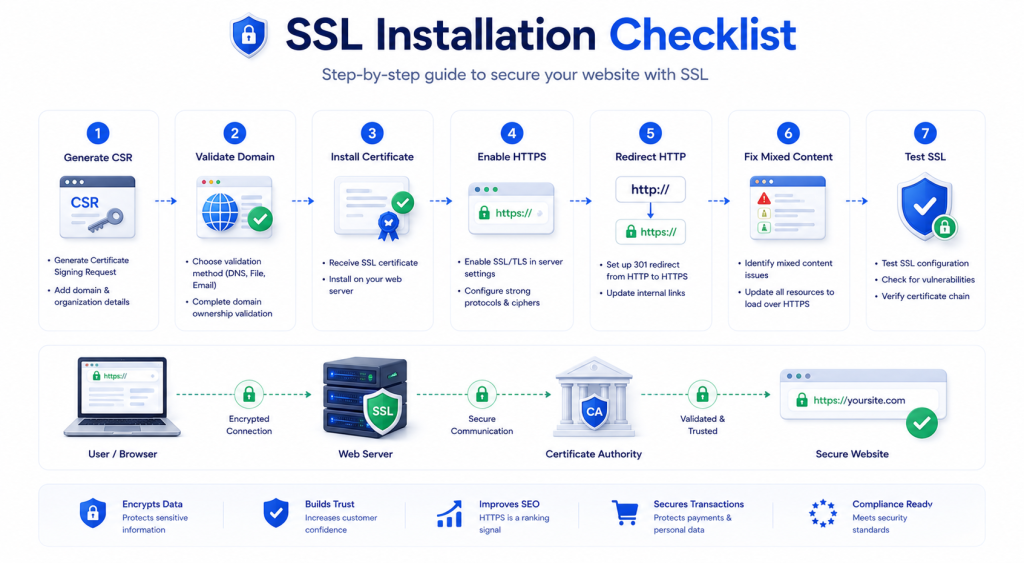 SSL certificate installation checklist showing CSR generation HTTPS setup redirects and SSL testing