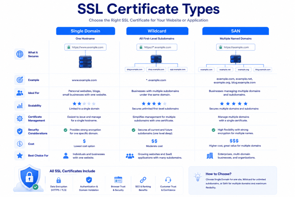 Comparison of single domain wildcard and SAN SSL certificates for websites and subdomains