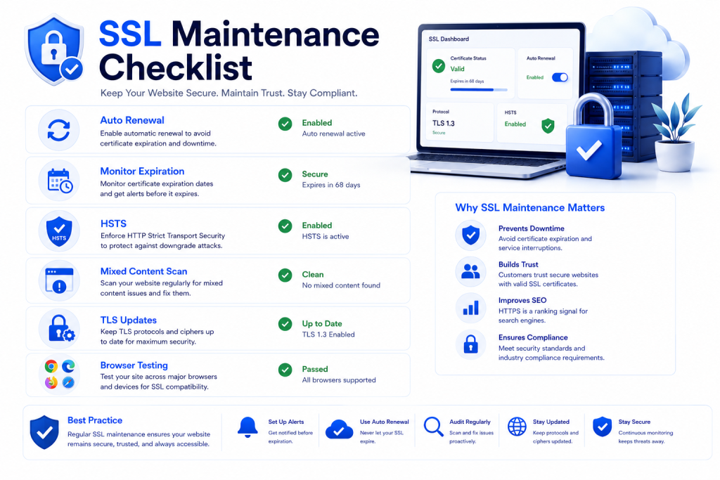 SSL certificate maintenance checklist including automatic renewal HSTS TLS updates and browser compatibility testing