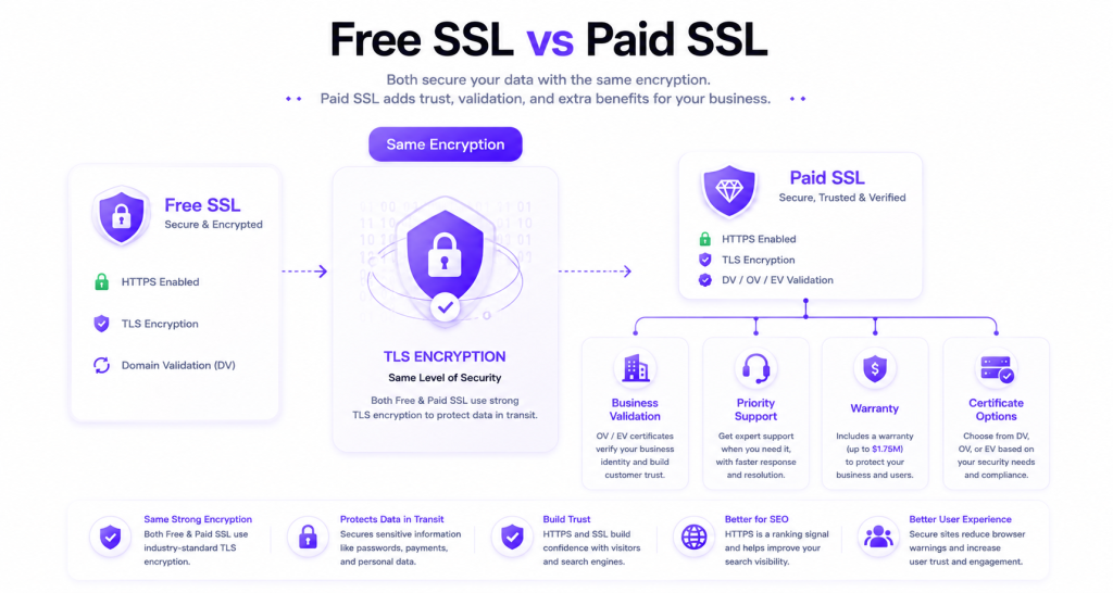 Diagram explaining SSL encryption and validation differences between free and paid certificates