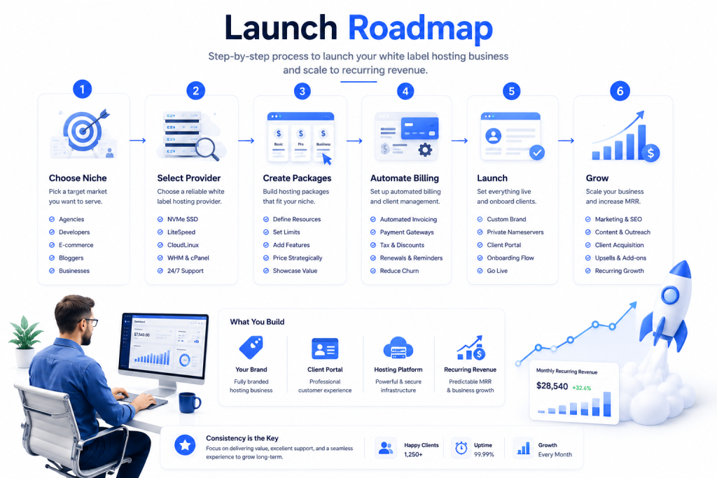 White label hosting business roadmap showing provider selection package creation billing automation and growth