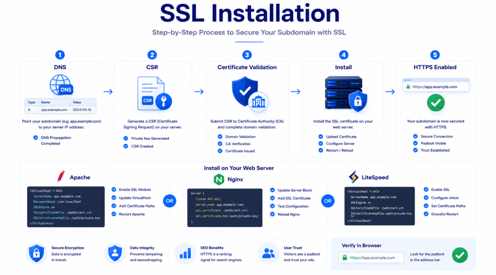 Subdomain SSL installation process showing DNS CSR certificate validation Apache Nginx and HTTPS activation