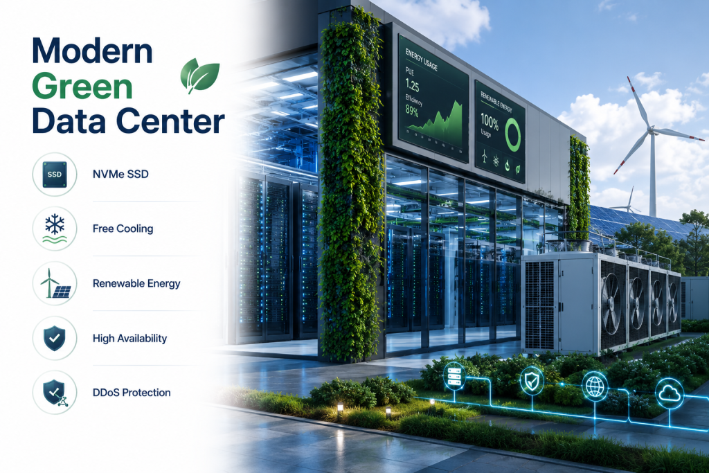 Energy efficient European data center featuring NVMe storage renewable power advanced cooling and secure cloud infrastructure