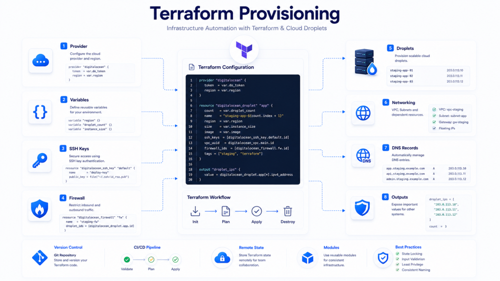 Terraform provisioning cloud droplets with provider variables firewall SSH keys networking and DNS automation
