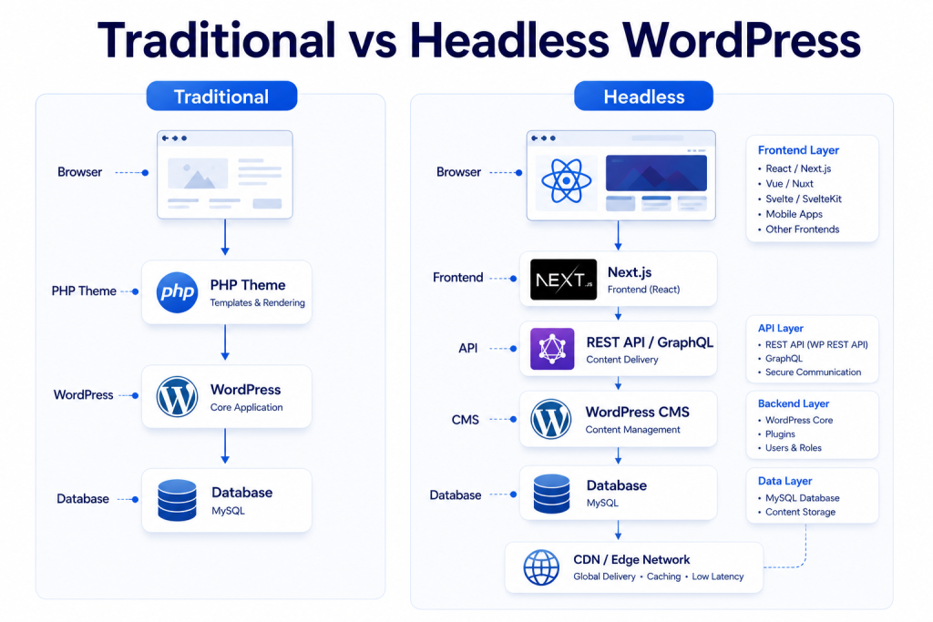 Comparison of traditional WordPress architecture and headless WordPress using REST API GraphQL and Next.js