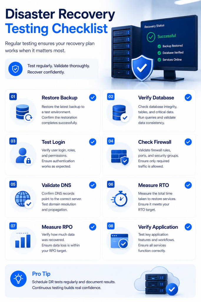VPS disaster recovery testing checklist showing backup validation database recovery DNS verification and RPO RTO testing