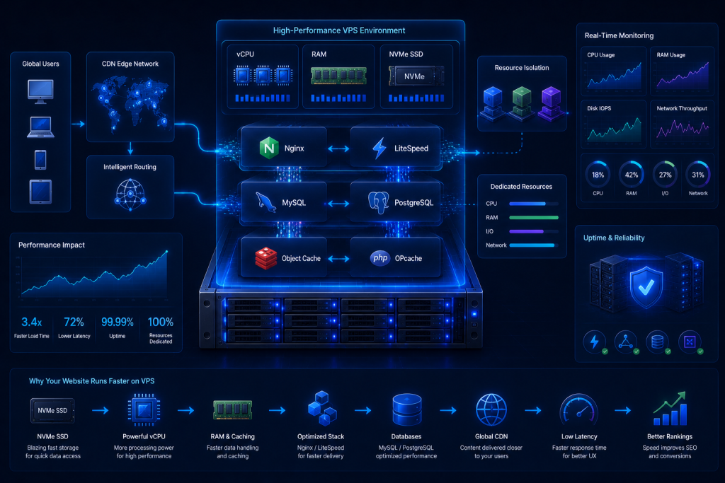 High-performance VPS infrastructure using NVMe SSD, vCPU allocation, and optimized web server architecture.